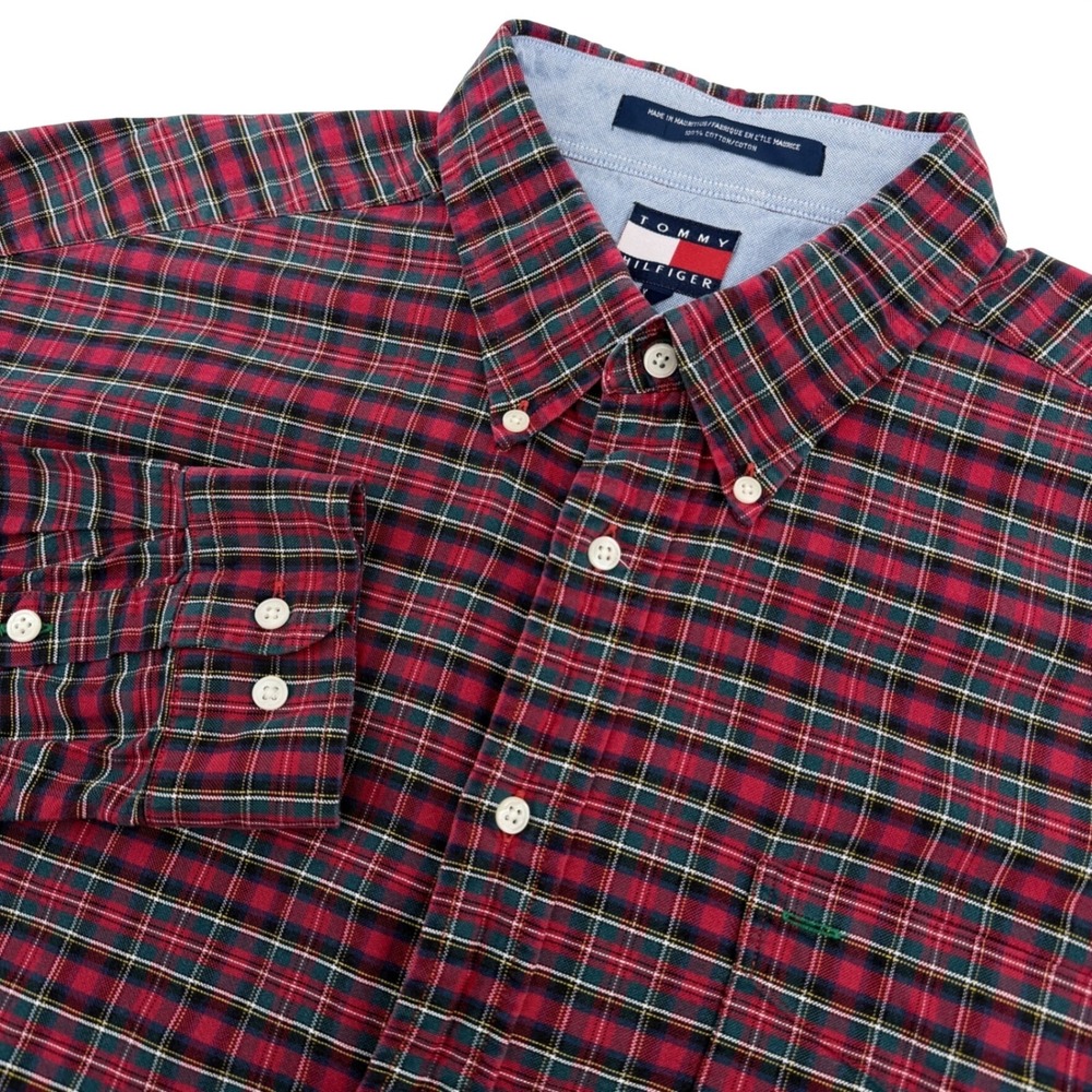 Vintage Tommy Hilfiger Shirt Mens XL Red Tartan Plaid Long Sleeve Crest Preppy